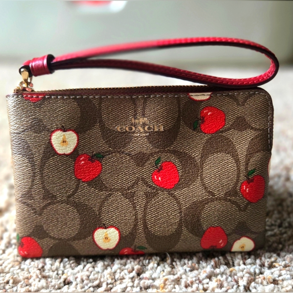 Coach Brown Signature Canvas Wristlet with Red Apple Print